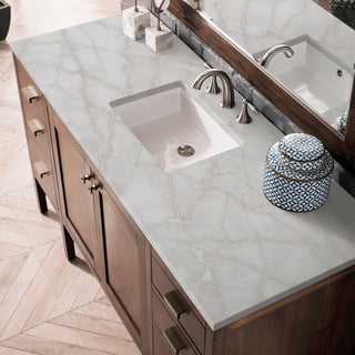 60 Inch Addison Freestanding Vanity in Mid-Century Acacia / Victorian Silver Top