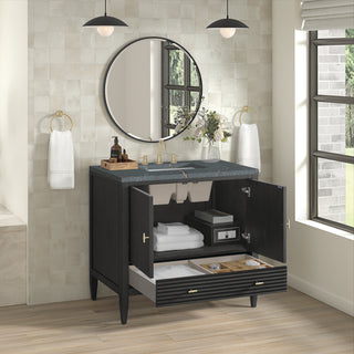 36 Inch Myrrin Freestanding Vanity in Carbon Oak / Parisien Bleu Top