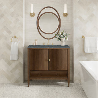 36 Inch Myrrin Freestanding Vanity in Mid-Century Walnut / Parisien Bleu Top