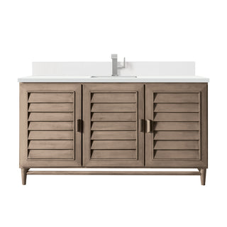60 Inch Portland Freestanding Vanity in Whitewashed Walnut / White Zeus Top