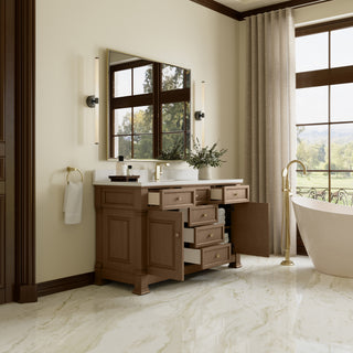 60 Inch Brookfield Freestanding Vanity in Pecan / White Zeus Top