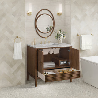 36 Inch Myrrin Freestanding Vanity in Mid-Century Walnut / Eternal Jasmine Pearl Top