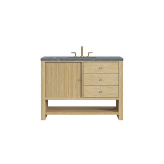 48 Inch Marigot Freestanding Vanity in Sunwashed Oak / Parisien Bleu Top