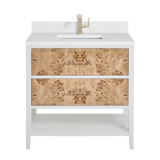 36 Inch Olena Freestanding Vanity in Polished White and Light Mappa Burl / White Zeus Top