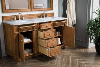 60 Inch Bristol Freestanding Vanity in Saddle Brown / Eternal Jasmine Pearl Top