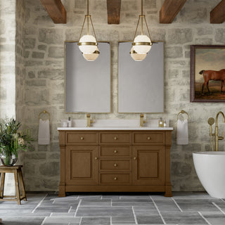 60 Inch Brookfield Freestanding Vanity in Honey Oak / White Zeus Top