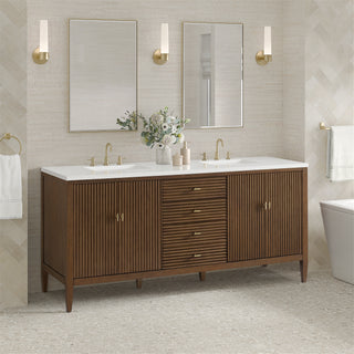 72 Inch Myrrin Freestanding Vanity in Mid-Century Walnut / White Zeus Top