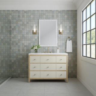 48 Inch Celeste Freestanding Vanity in Sunwashed Oak with Embossed Shagreen Drawer Fronts / White Zeus Top