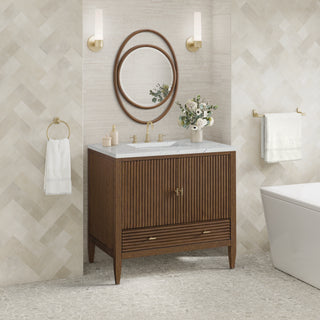36 Inch Myrrin Freestanding Vanity in Mid-Century Walnut / Ethereal Noctis Top