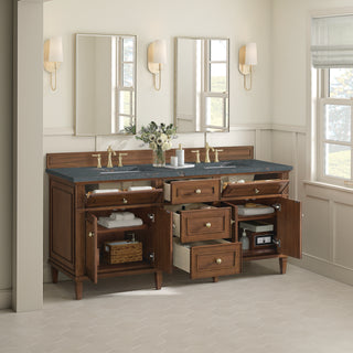 72 Inch Lorelai Freestanding Vanity in Mid-Century Walnut / Parisien Bleu Top