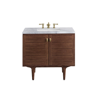 36 Inch Amberly Dual Mount Vanity in Mid-Century Walnut / Carrara White Top