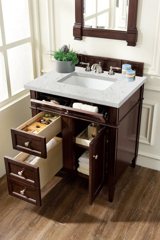 30 Inch Brittany Freestanding Vanity in Burnished Mahogany / Eternal Jasmine Pearl Top