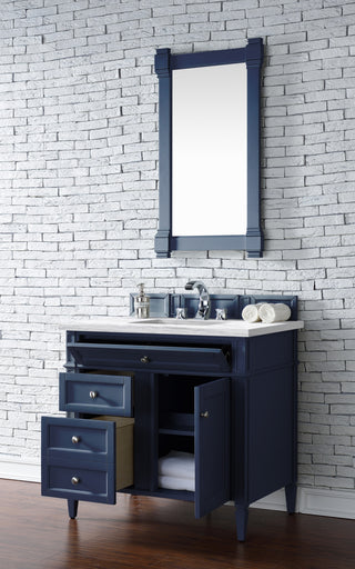 36 Inch Brittany Freestanding Vanity in Victory Blue / Arctic Fall Solid Surface Top