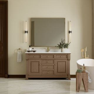 60 Inch Brookfield Freestanding Vanity in Pecan / White Zeus Top