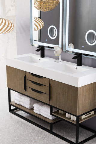 58.875 Inch Columbia Freestanding Vanity in Latte Oak / Glossy White Top