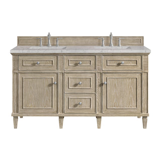 60 Inch Lorelai Freestanding Vanity in Whitewashed Oak / Eternal Jasmine Pearl Top
