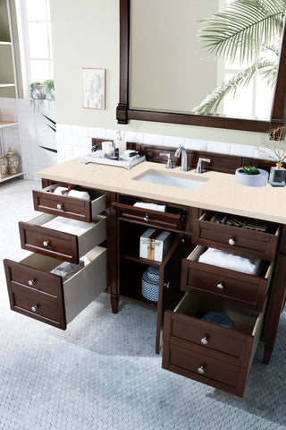 60 Inch Brittany Freestanding Vanity in Burnished Mahogany / Eternal Marfil Top