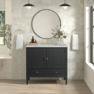 36 Inch Myrrin Freestanding Vanity in Carbon Oak / Victorian Silver Top