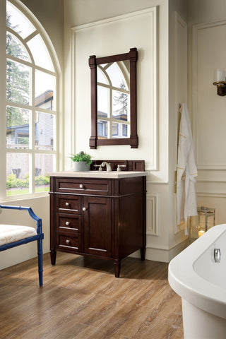30 Inch Brittany Freestanding Vanity in Burnished Mahogany / Eternal Marfil Top