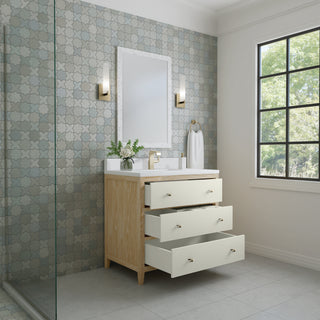 36 Inch Celeste Freestanding Vanity in Sunwashed Oak with Embossed Shagreen Drawer Fronts / White Zeus Top