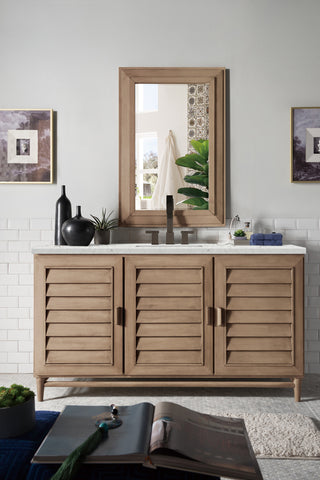 60 Inch Portland Freestanding Vanity in Whitewashed Walnut / Eternal Jasmine Pearl Top