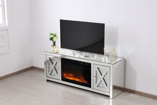 59 in. crystal mirrored TV stand with wood log insert fireplace
