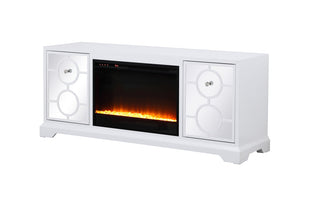 60 in. mirrored TV stand with crystal fireplace insert in white
