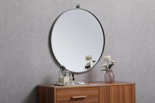 Metal frame round mirror with decorative hook 28 inch Grey