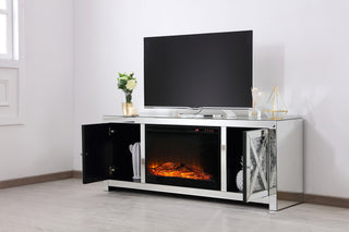 59 in. crystal mirrored TV stand with wood log insert fireplace