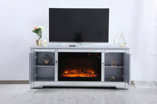 60 in. mirrored TV stand with wood fireplace insert in antique silver
