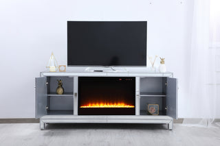 60 in. mirrored TV stand with crystal fireplace insert in antique silver