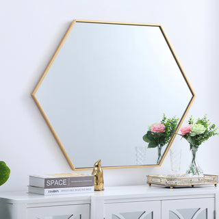 Metal frame hexagon mirror 30 inch in Brass