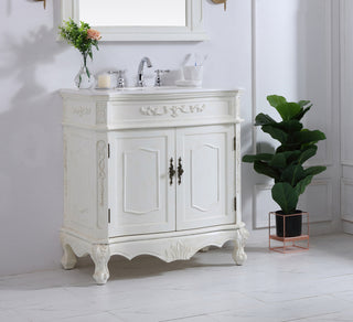 32 inch Single Bathroom vanity in antique white with ivory white engineered marble