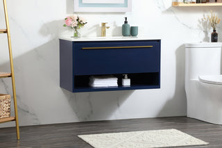 36 inch Single bathroom vanity in blue with backsplash