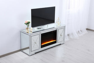60 in. mirrored TV stand with crystal fireplace insert in antique silver