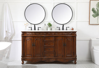 60 inch double Bathroom vanity in teak with ivory white engineered marble