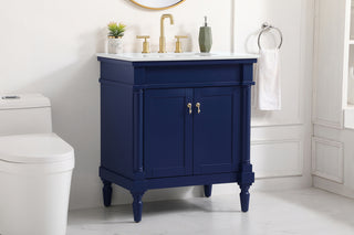 30 inch Single Bathroom vanity in Blue with ivory white engineered marble