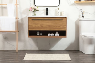 36 inch Single bathroom vanity in walnut brown with backsplash