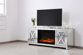 59 in. crystal mirrored TV stand with wood log insert fireplace