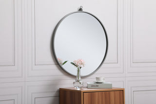 Metal frame round mirror with decorative hook 24 inch Grey