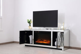 59 in. crystal mirrored TV stand with wood log insert fireplace