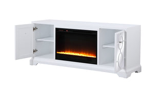 60 in. mirrored TV stand with crystal fireplace insert in white
