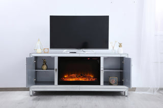 60 in. mirrored TV stand with wood fireplace insert in antique silver