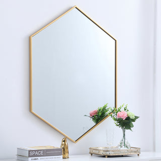 Metal frame hexagon mirror 30 inch in Brass