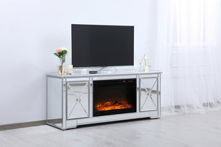 60 in. mirrored TV stand with wood fireplace insert in antique silver