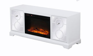 60 in. mirrored TV stand with wood fireplace insert in white