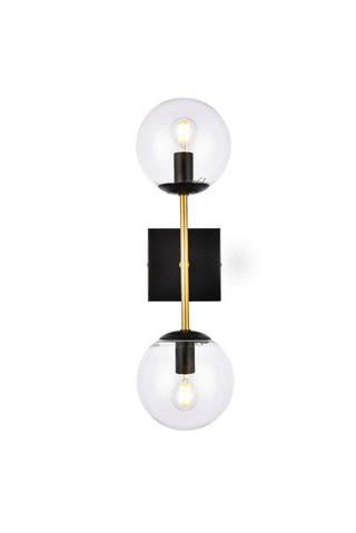 Neri 2 lights black and brass and clear glass wall sconce