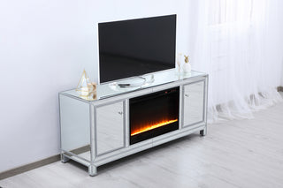 60 in. mirrored TV stand with crystal fireplace insert in antique silver