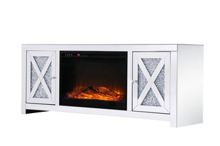 59 in. crystal mirrored TV stand with wood log insert fireplace