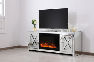 59 in. crystal mirrored TV stand with wood log insert fireplace